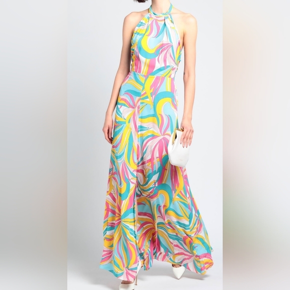 Pinko La Rioja Abito Crepe De Chine Multicolor Halter Maxi Dress Size 38 - Picture 3 of 16